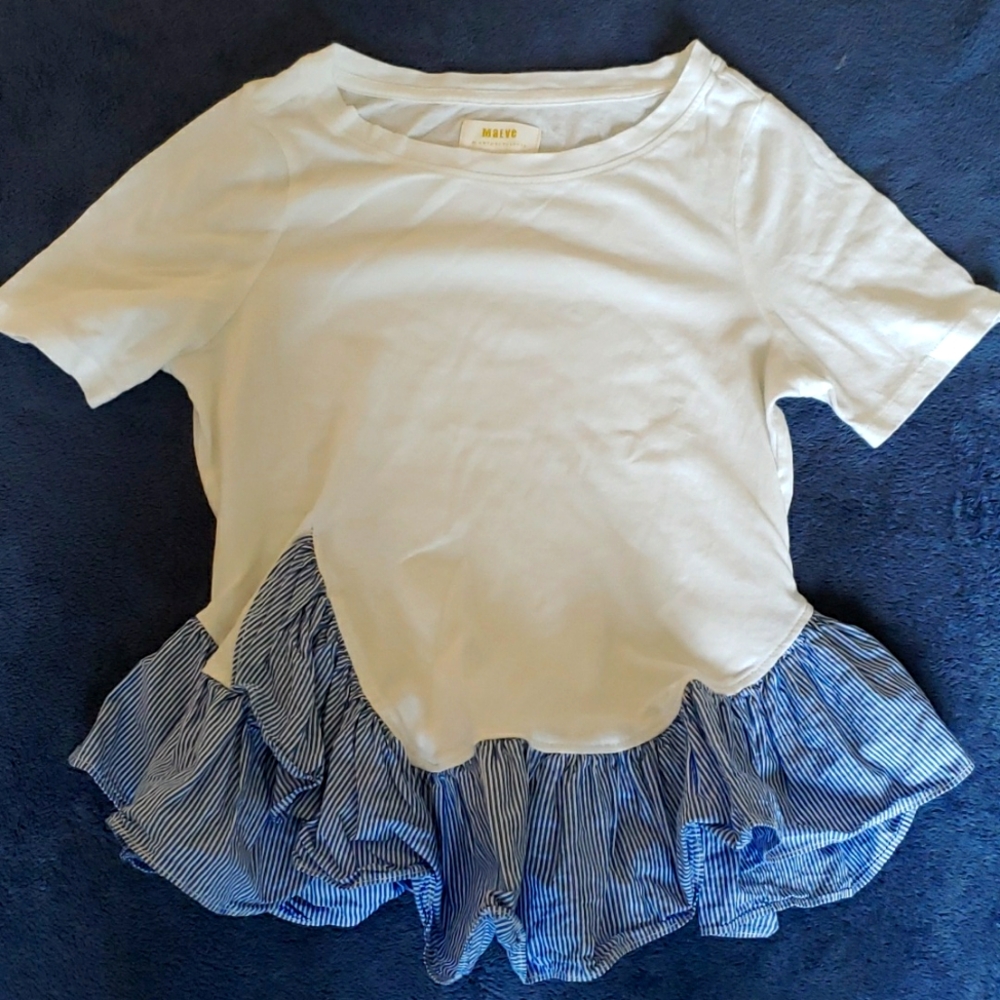 Blue and White Ruffled t-shirt, size xx-small by Anthropologie